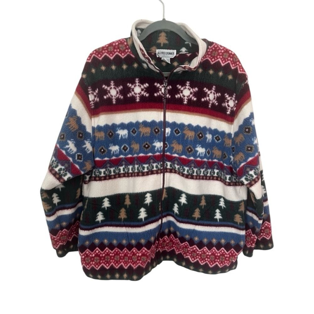 Alfred Dunner Vintage Fair Isle Fleece Jacket Sweater Size L Winter Christmas